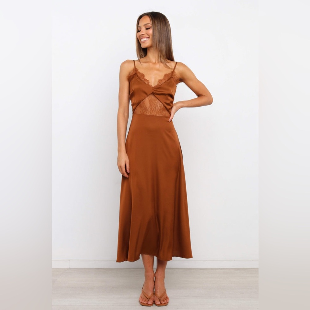 Petal and Pup Ariel Midi Satin Rust Dress
